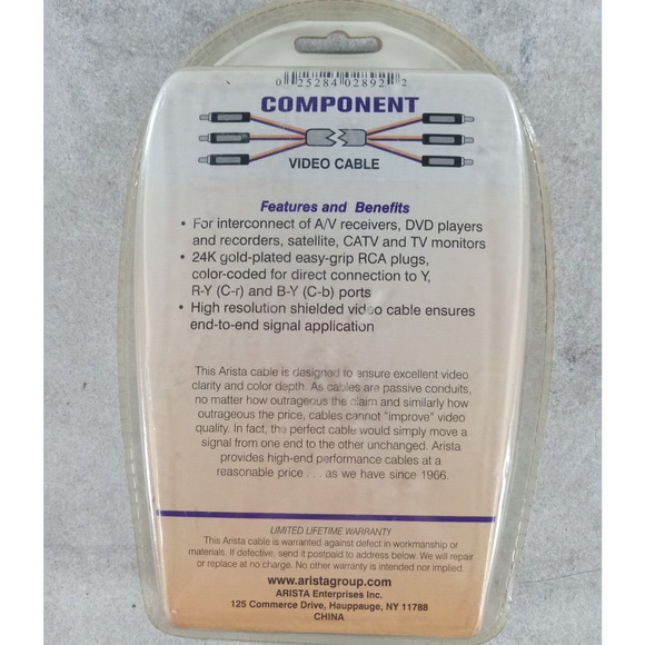 Arista 12 Foot Video Cable Component 24K Gold Plated Connectors NEW SEALED - Picture 2 of 3